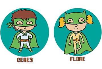 Cérès Flore, animation pédagogique à destination des écoles primaires. Cérès et Flore les gardes locaux de la biodiversité.